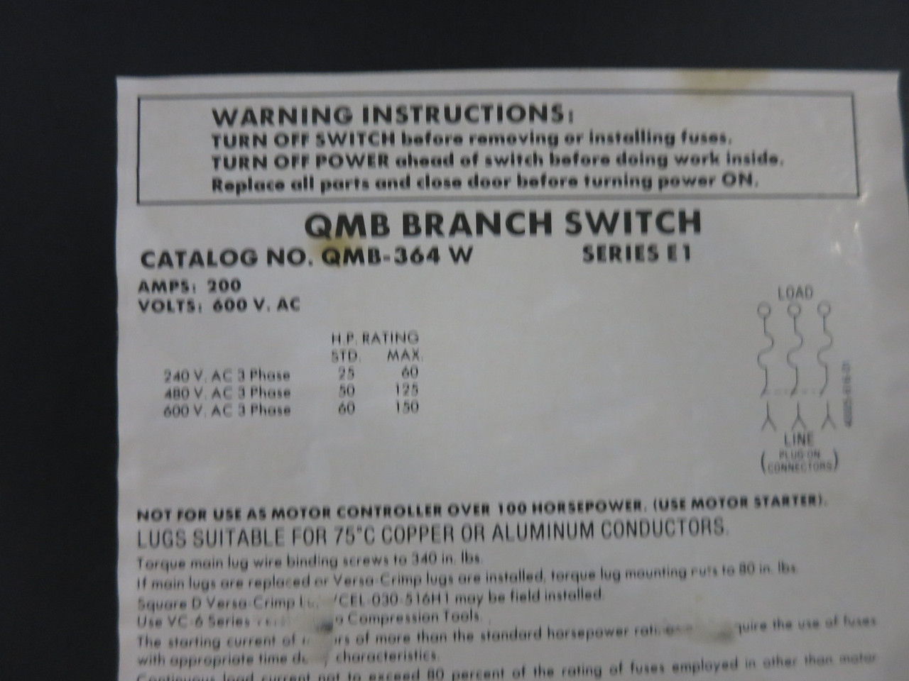 Square D QMB-364W 200A 600V QMB Fusible Panelboard Switch QMB364W 200 Amp E1 (DW8441-1)