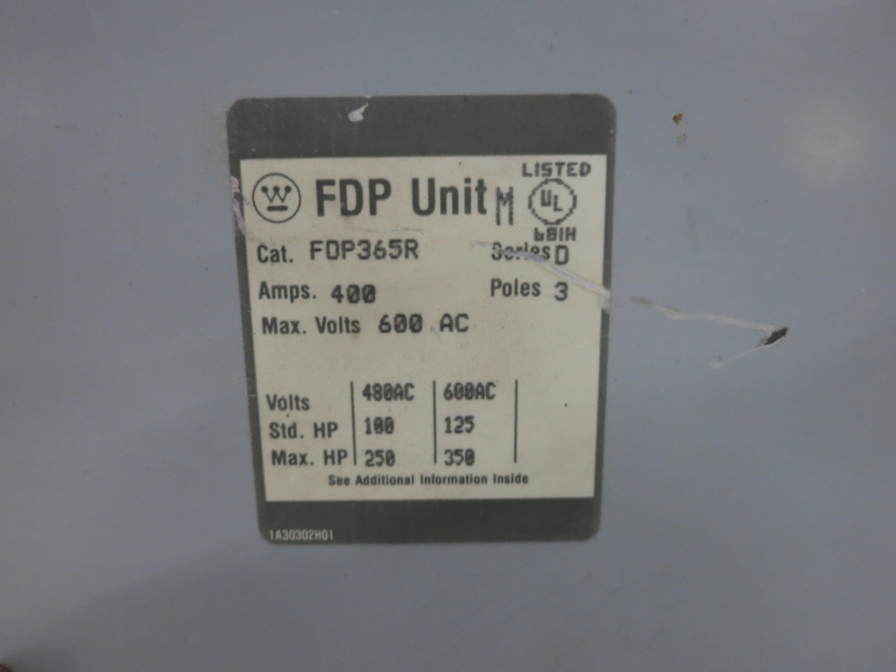 Westinghouse FDP365R 400A 600V Fusible Panelboard Switch FDP Unit FDP365 400 Amp (DW8439-2)