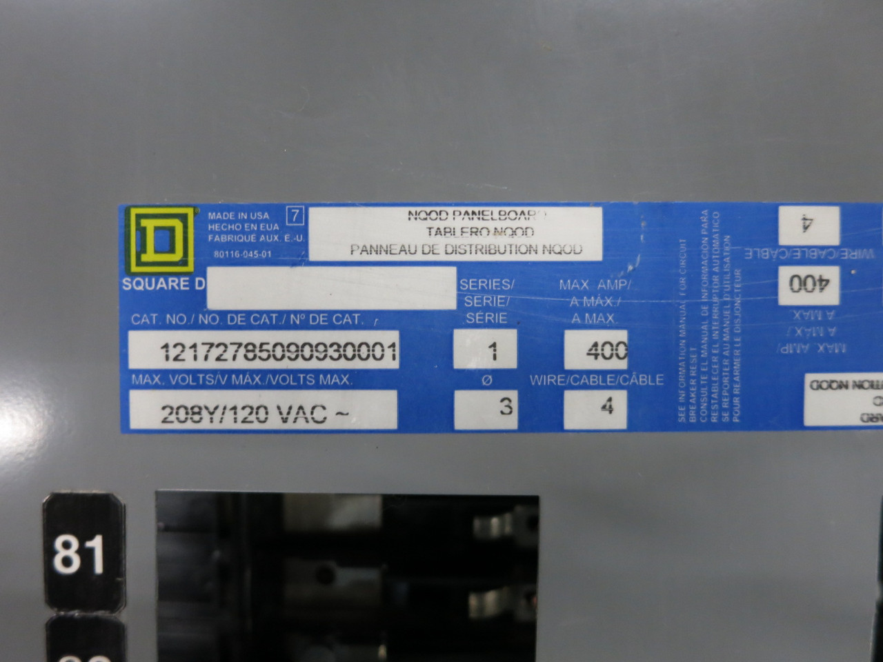 Square D NQOD 400A Breaker Panel Board 208Y/120 V 3PH 4W MLO 400 Amp Main Lug (DW8444-1)