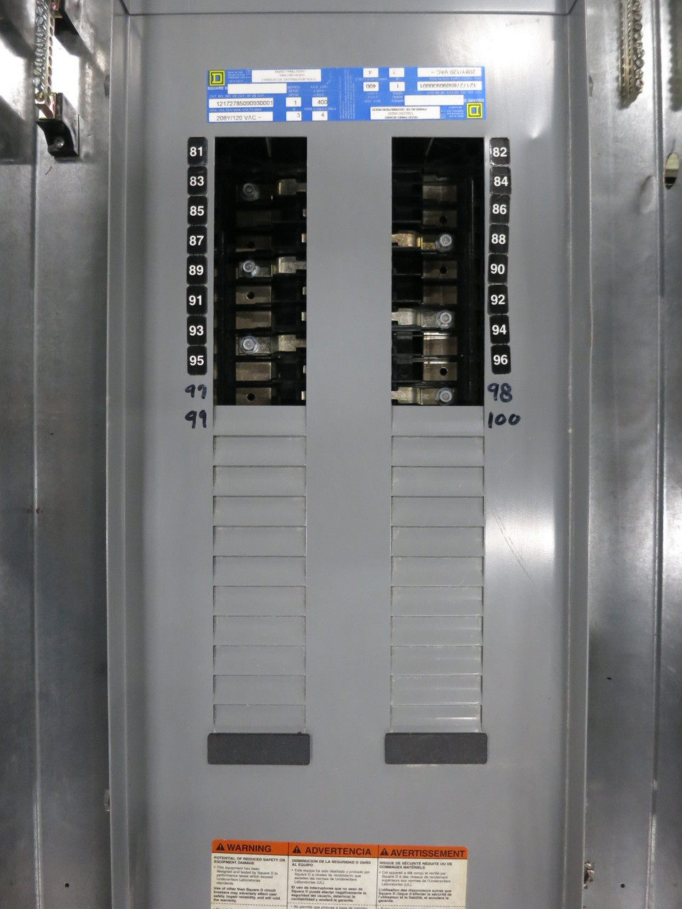 Square D NQOD 400A Breaker Panel Board 208Y/120 V 3PH 4W MLO 400 Amp Main Lug (DW8444-1)