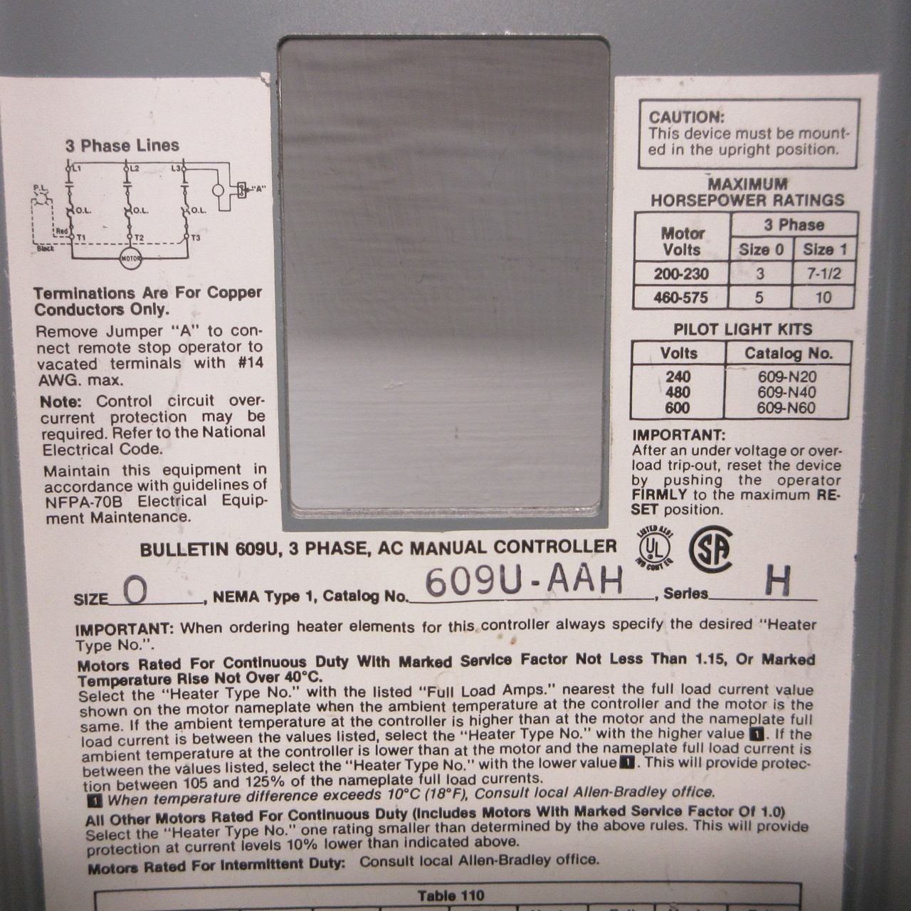 NEW Allen Bradley 609U-AAH Enclosed Manual Starter 609U-AOH Size 0 Ser G 5HP NNB (AH1518-1)
