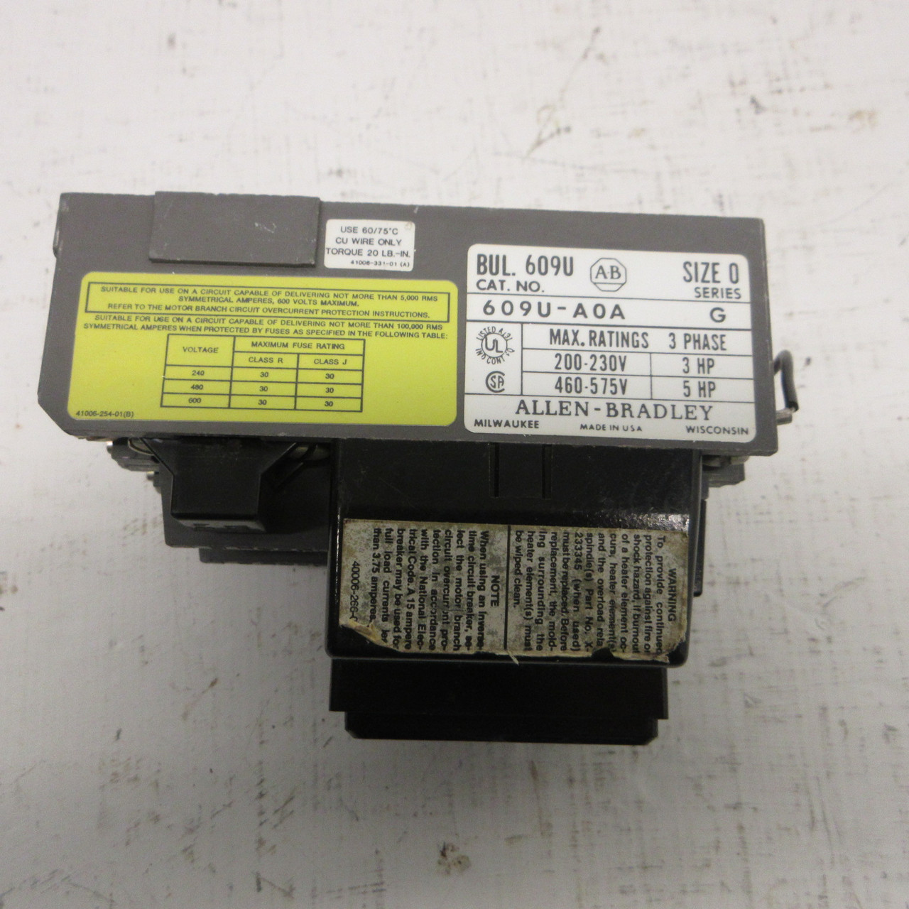 Allen Bradley 609U-AOA Size 0 Manual Starter Series G 3 Phase 5HP 609U-A0A 600V (AH1517-1)