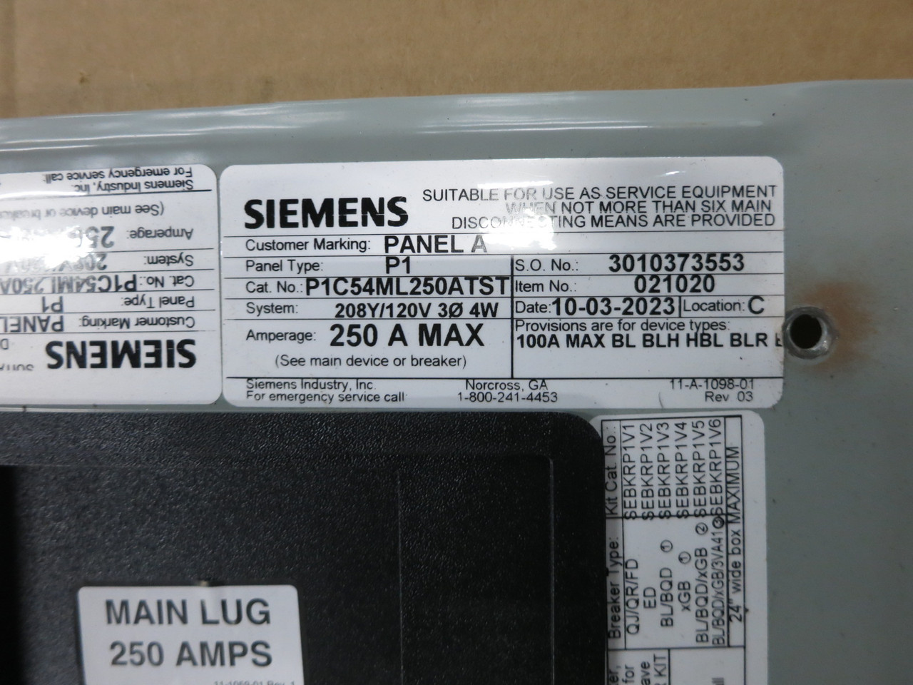 NEW Siemens P1C54ML250ATST 250A 208Y/120 Breaker Panel Interior MLO P1 250 Amp (DW8460-1)