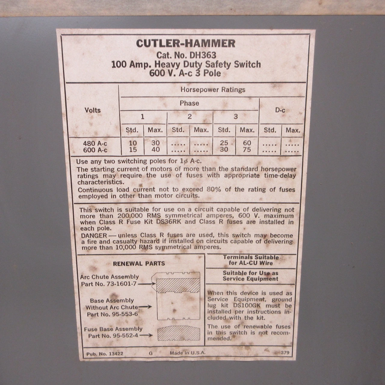 Cutler Hammer DH363 100 Amp 600VAC Fusible Heavy Duty Safety Switch Disconnect (AH1546-1)