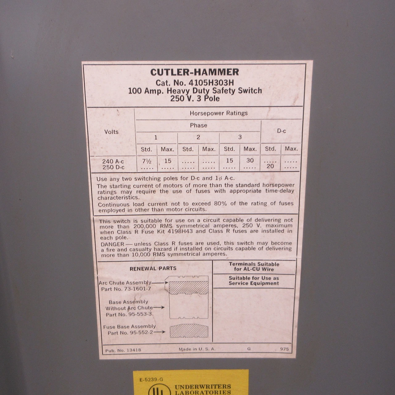 Cutler Hammer 4105H303H 100 Amp 240V Fusible Heavy Duty Safety Switch Disconnect (AH1545-1)