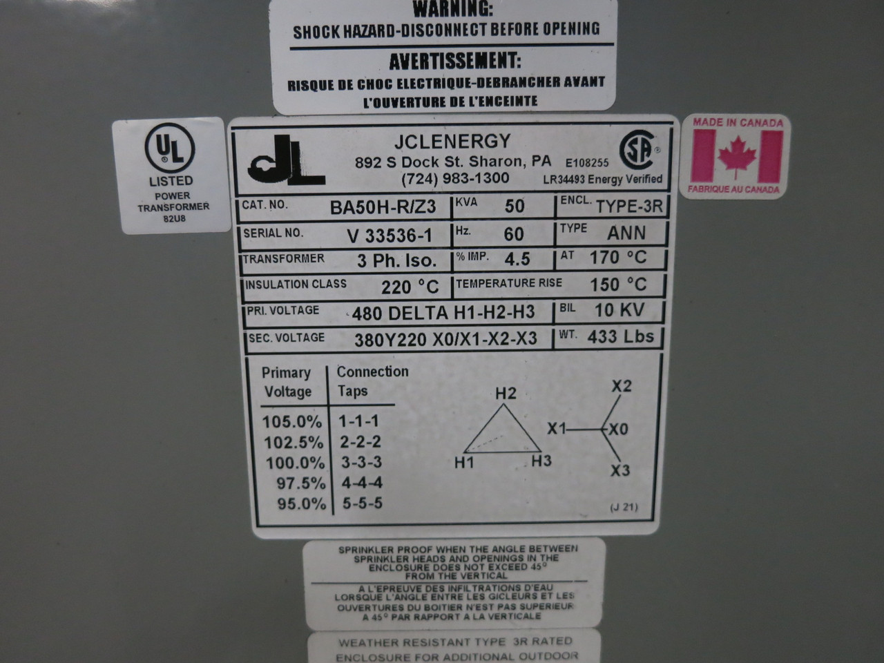 NEW Rex 50 kVA 480 Delta to 380Y/220 V 3PH Transformer BA50H-R/Z3 480V 380V 3R (DW8482-2)