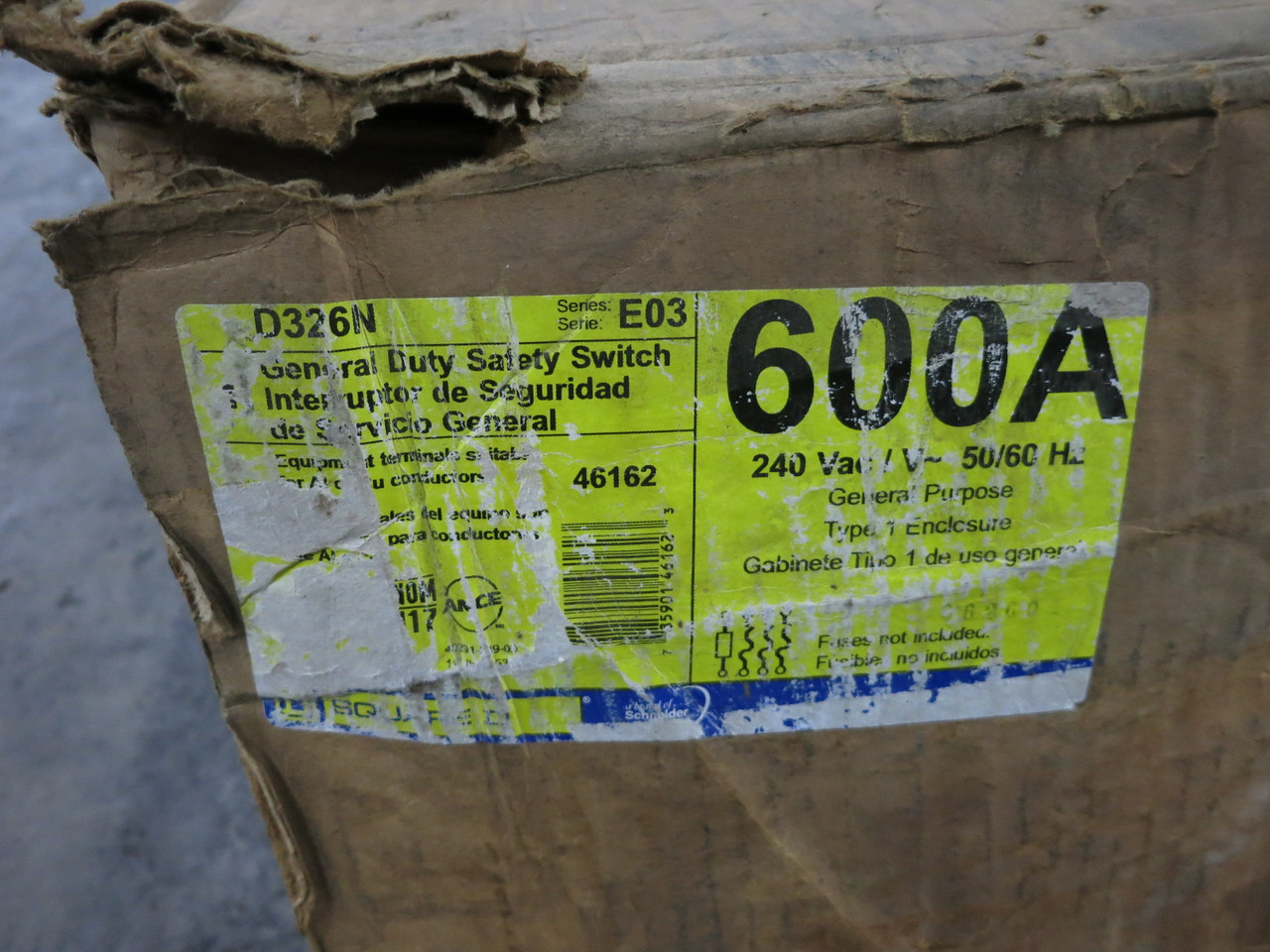 NEW Square D D326N 600A 240V Fusible Safety Switch Disconnect D326-N 600 Amp E03 (DW8501-1)