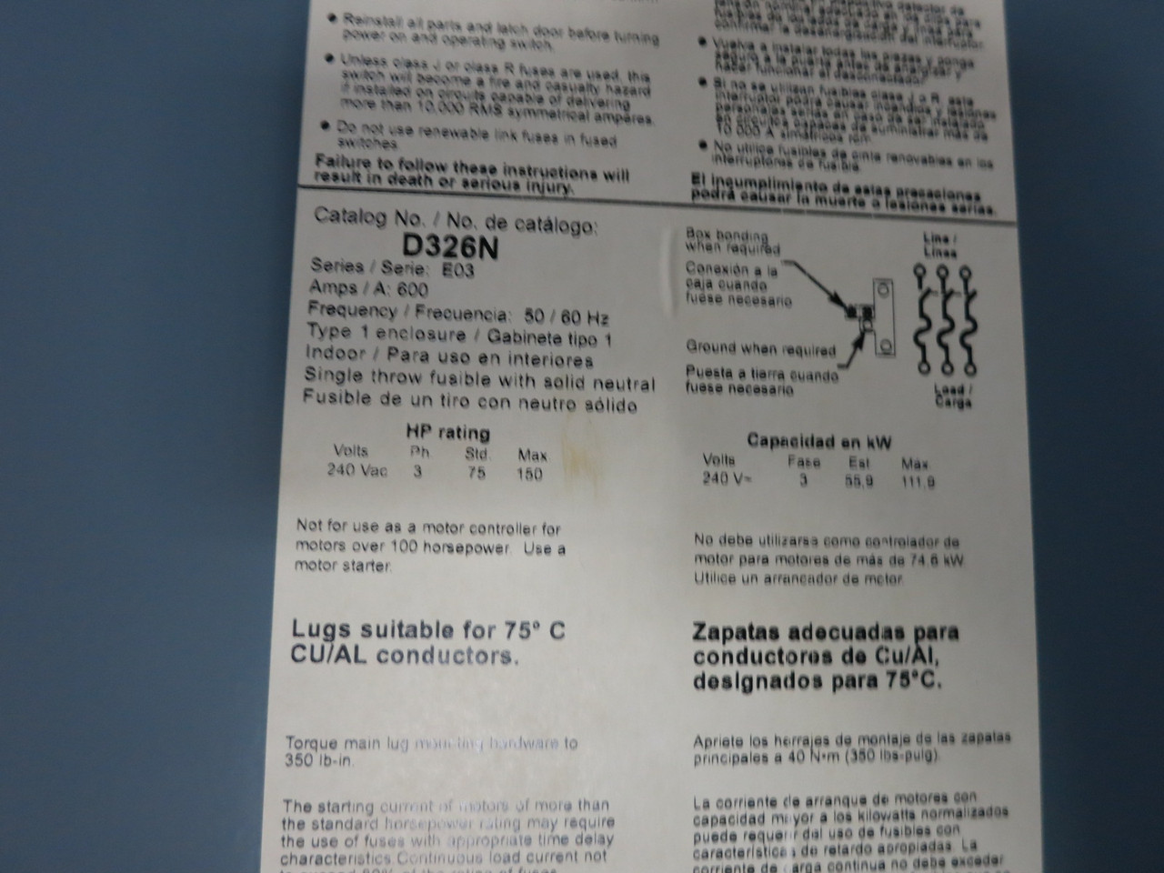NEW Square D D326N 600A 240V Fusible Safety Switch Disconnect D326-N 600 Amp E03 (DW8501-1)
