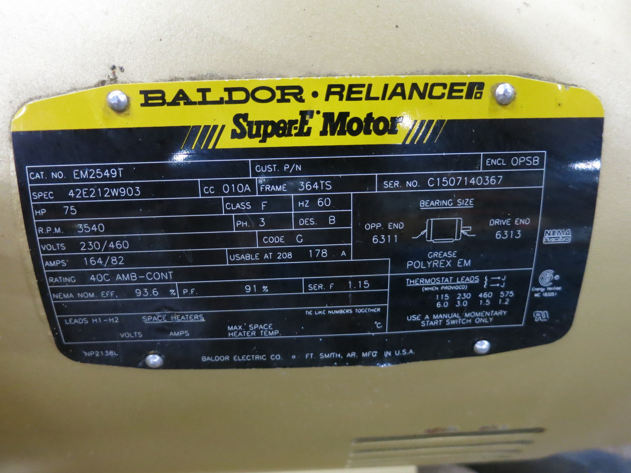 Baldor 75 HP EM2549T Super-E AC Motor 230/460V 3540 RPM 364TS OPSB 42E212W903 (DW8502-1)