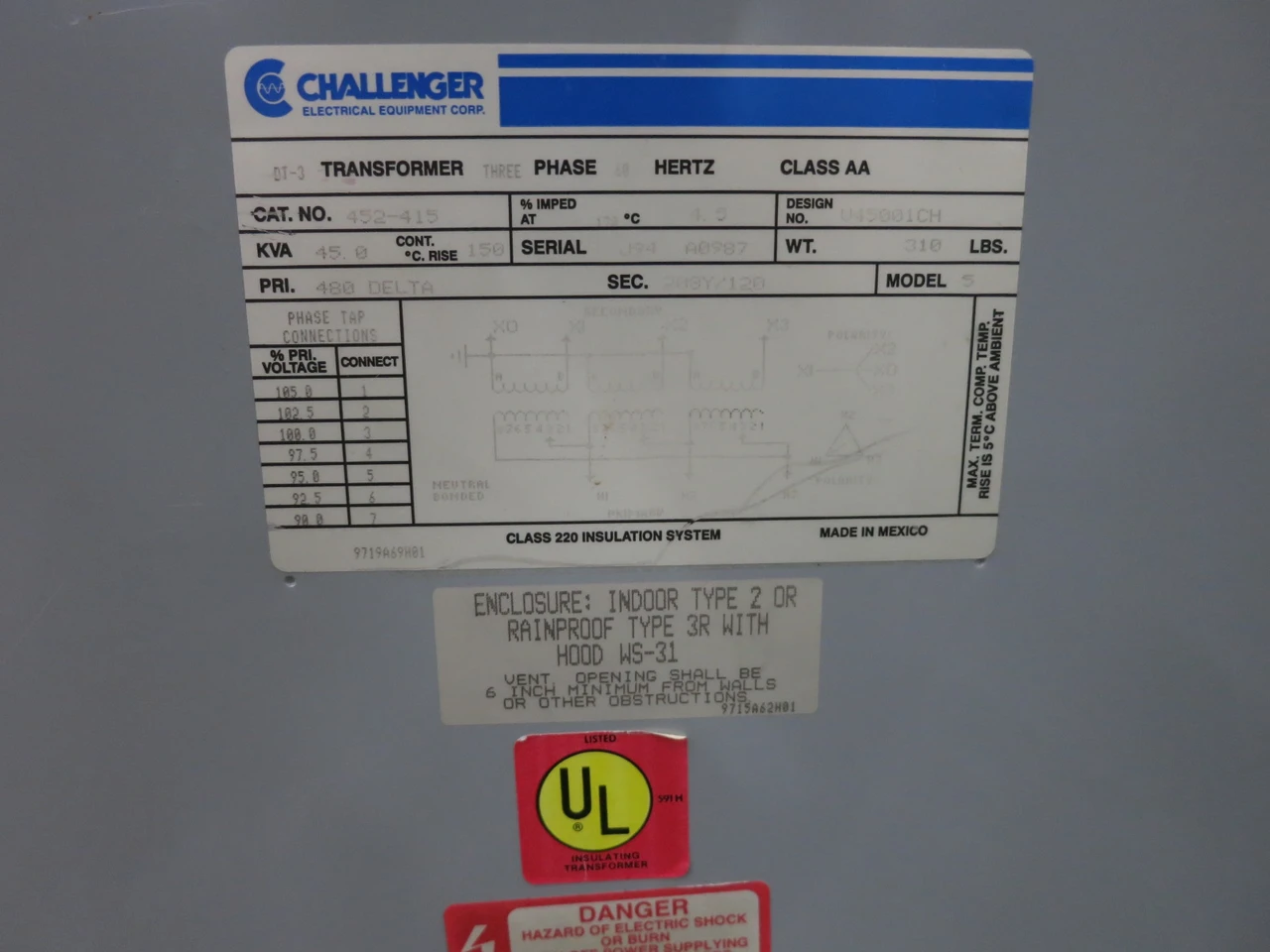 Challenger 45 kVA 480 Delta to 208Y/120 V 3PH Dry Type Transformer 452-415 480V (DW8497-1)