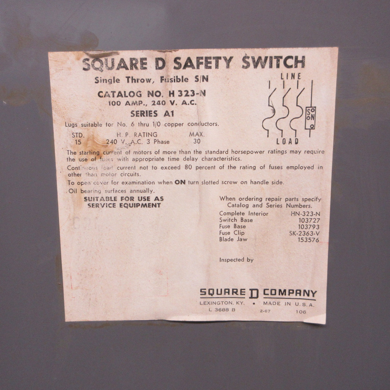 Square D H323N 100A 240V 4W Fusible Safety Switch Disconnect 100 Amp A1 3PH (AH1555-1)