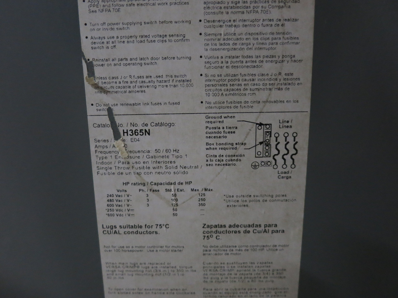 Square D H365N 400A 600V Fusible Safety Switch Disconnect 400 Amp H365-N E04 (DW8510-1)