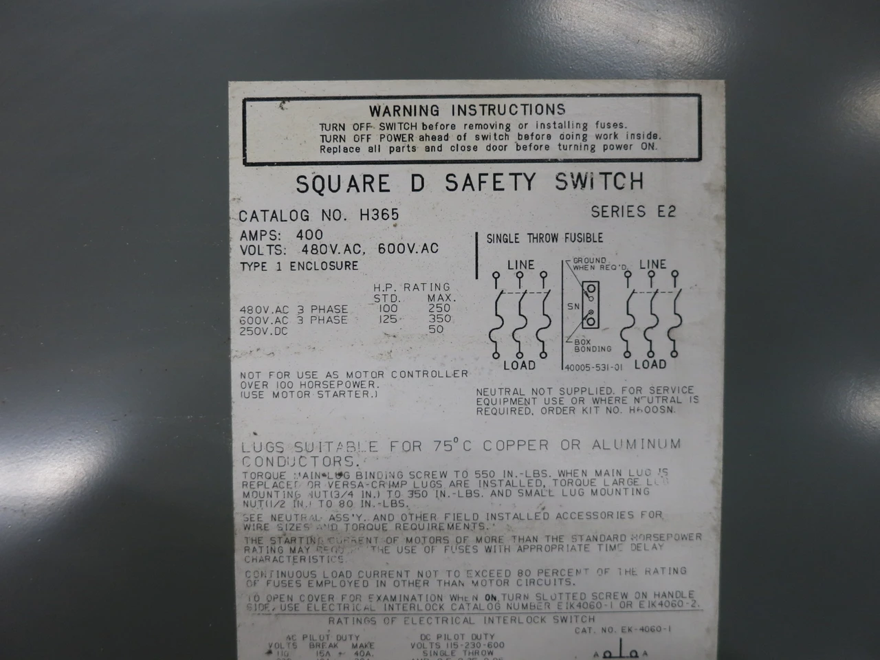 Square D H365 400A 600V Fusible Heavy Duty Safety Switch Disconnect 400 Amp E2 (DW8509-1)