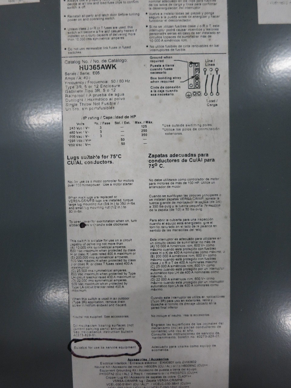 Square D HU365AWK 400A 600V Non-Fusible Safety Switch Disconnect 400 Amp 3R E05 (DW8517-1)