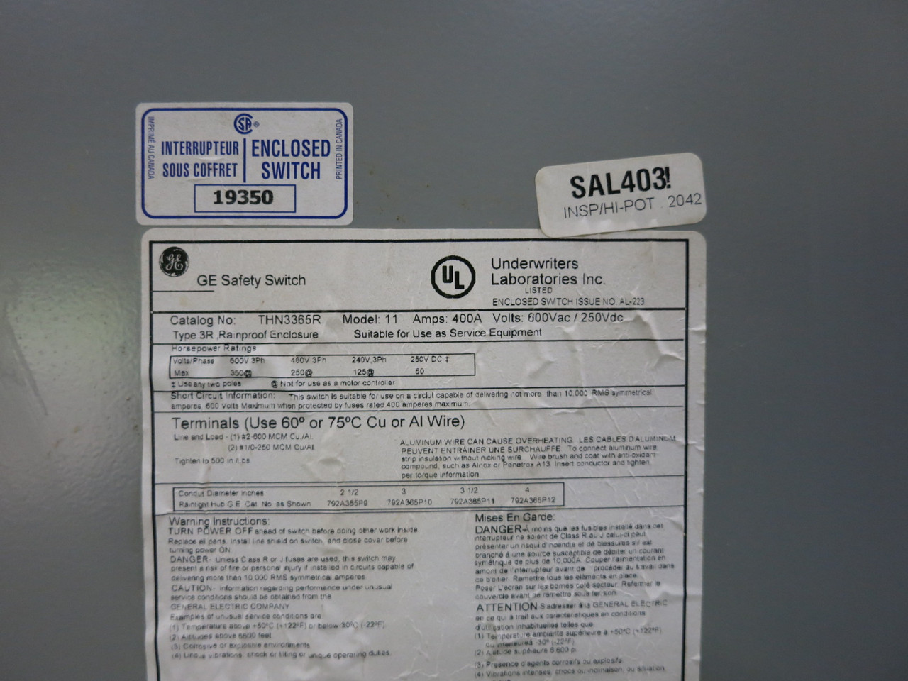 GE THN3365R 400A 600V Non-Fusible Heavy Duty Safety Switch Disconnect 400 Amp 3R (DW8519-1)