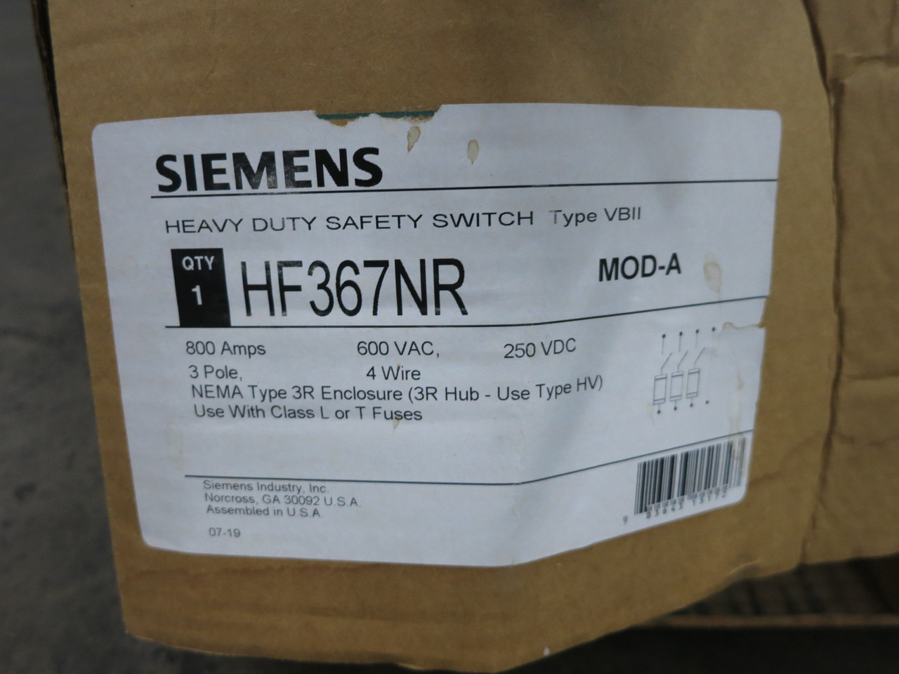 NEW Siemens HF367NR 800A 600V Fusible Safety Switch Disconnect 800 Amp HF367 3R (DW8543-2)