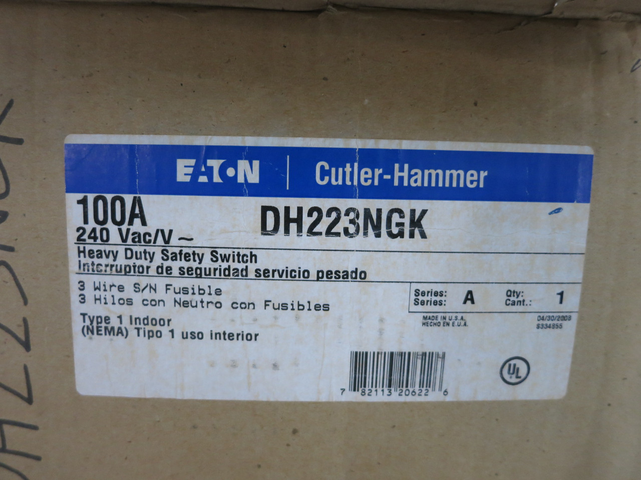 NEW Eaton DH223NGK 100A 240V Fusible Safety Switch Disconnect 100 Amp 1PH 2P (DW8549-1)