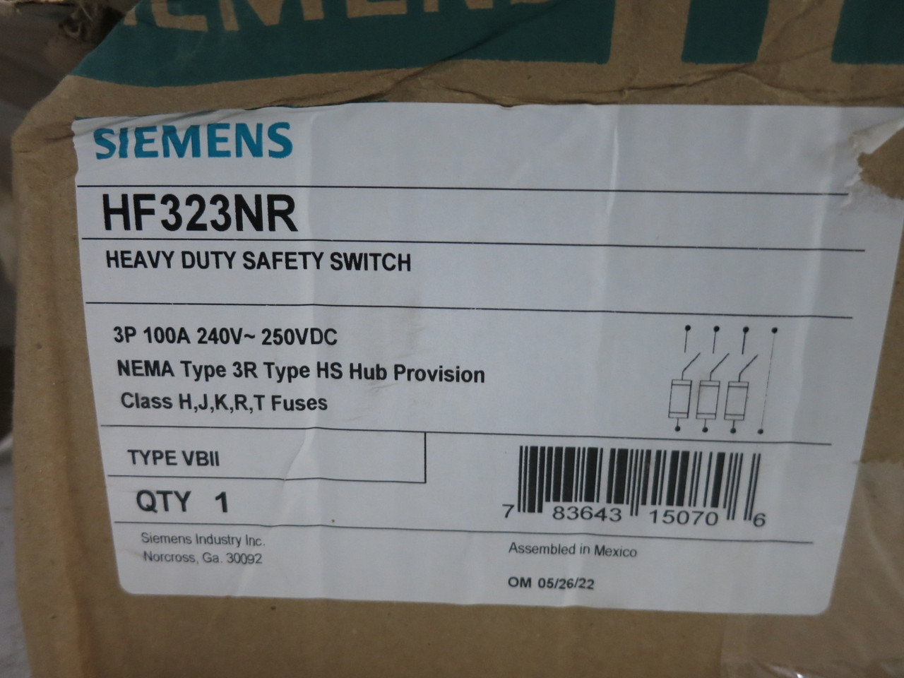 NEW Siemens HF323NR 100A 240V Fusible Safety Switch Disconnect 100 Amp 3R (DW8555-14)