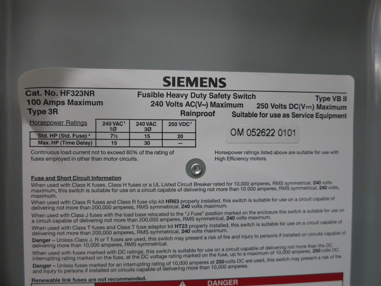 NEW Siemens HF323NR 100A 240V Fusible Safety Switch Disconnect 100 Amp 3R (DW8555-14)