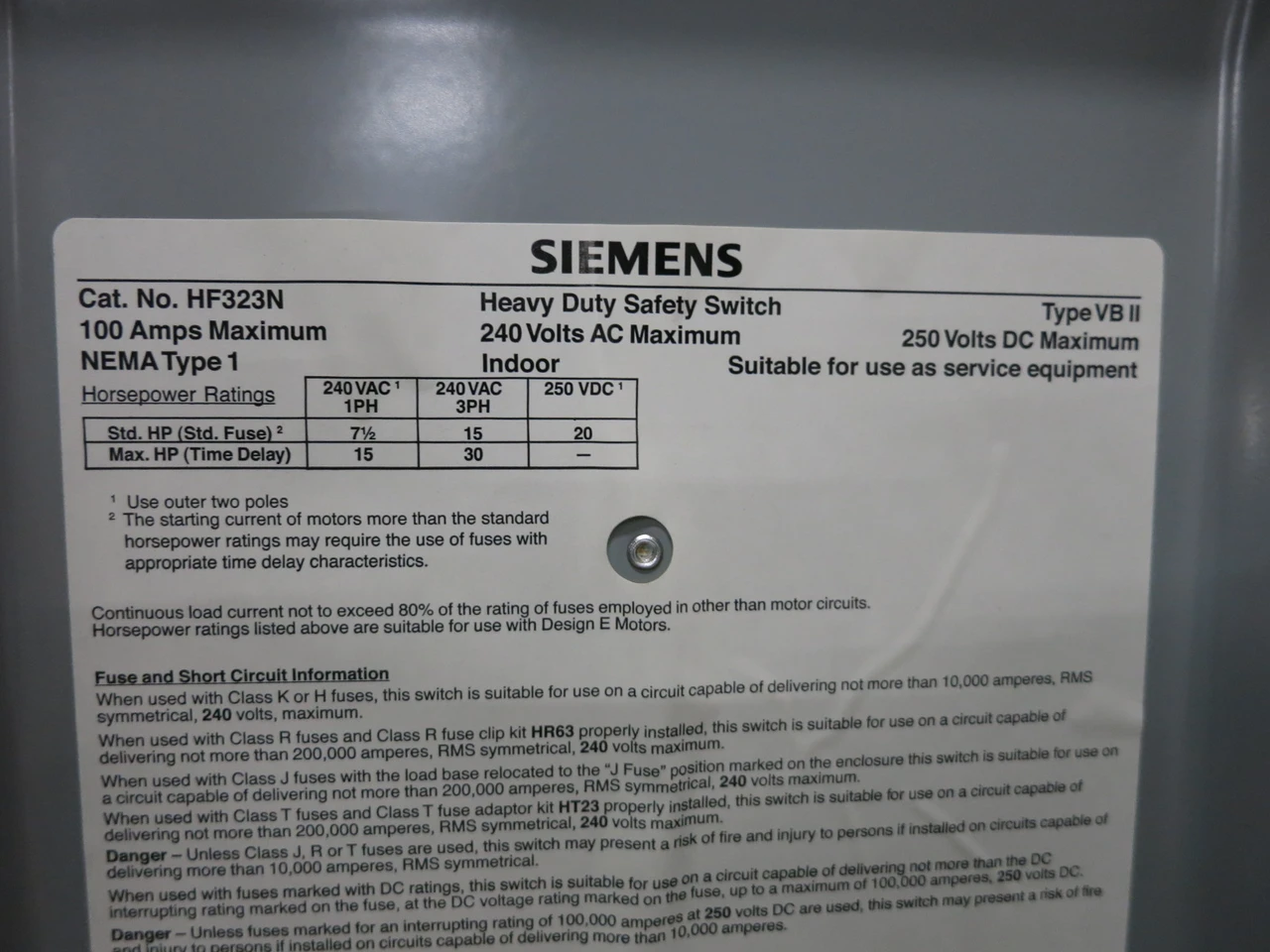 NEW Siemens HF323N 100A 240V Heavy Duty Safety Switch Disconnect 100 Amp HF323 (DW8554-7)