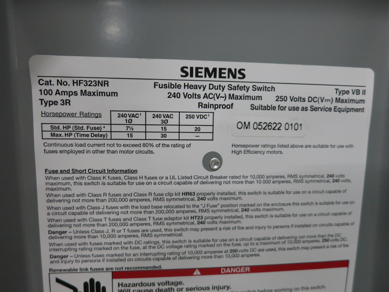 NEW Siemens HF323NR 100 Amp 240V Fusible Safety Switch Disconnect 100A 3R (DW8564-1)