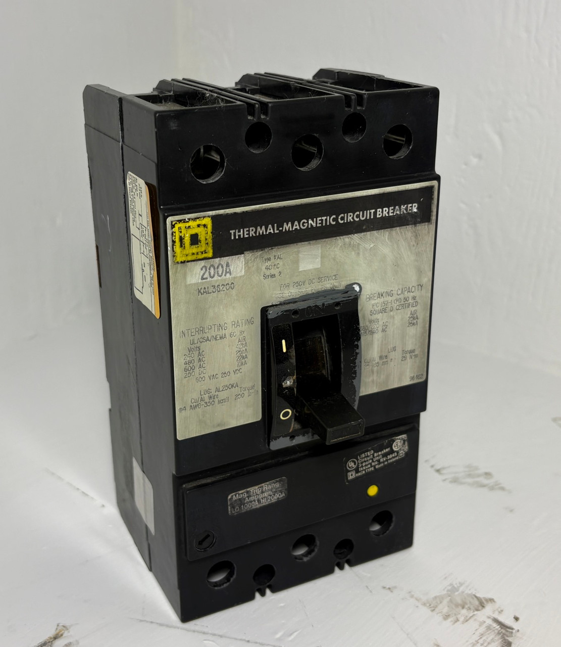 Square D KAL36200 200A Circuit Breaker 600V 3P Type KAL 200 Amp faded label (EM5999-2)