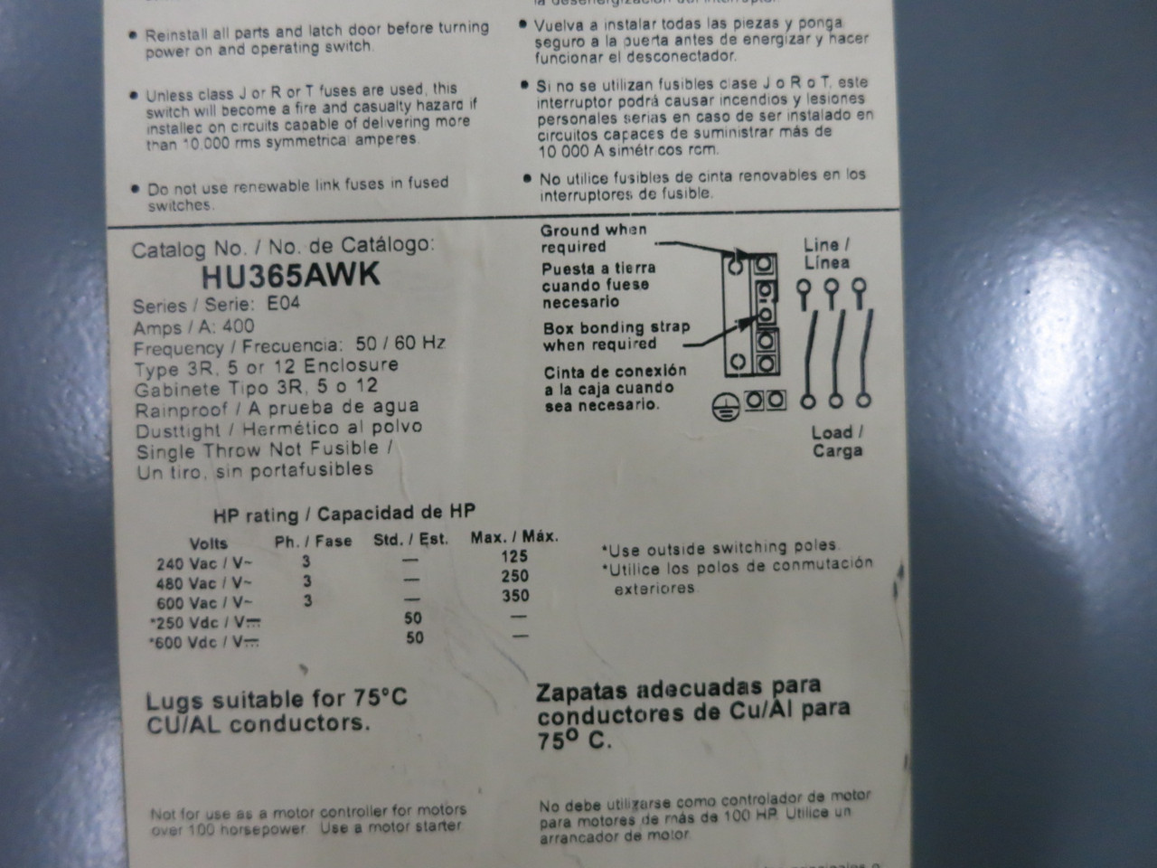 Square D HU365AWK 400A 600V Non-Fusible Safety Switch Disconnect 400 Amp 3R FLAW (DW8583-1)