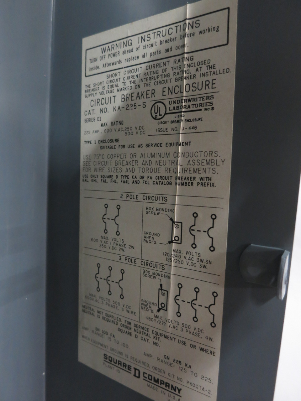 Square D KA225S Ser E1 225A 600V Circuit Breaker Enclosure 200 Amp KAL36200 (DW8577-4)