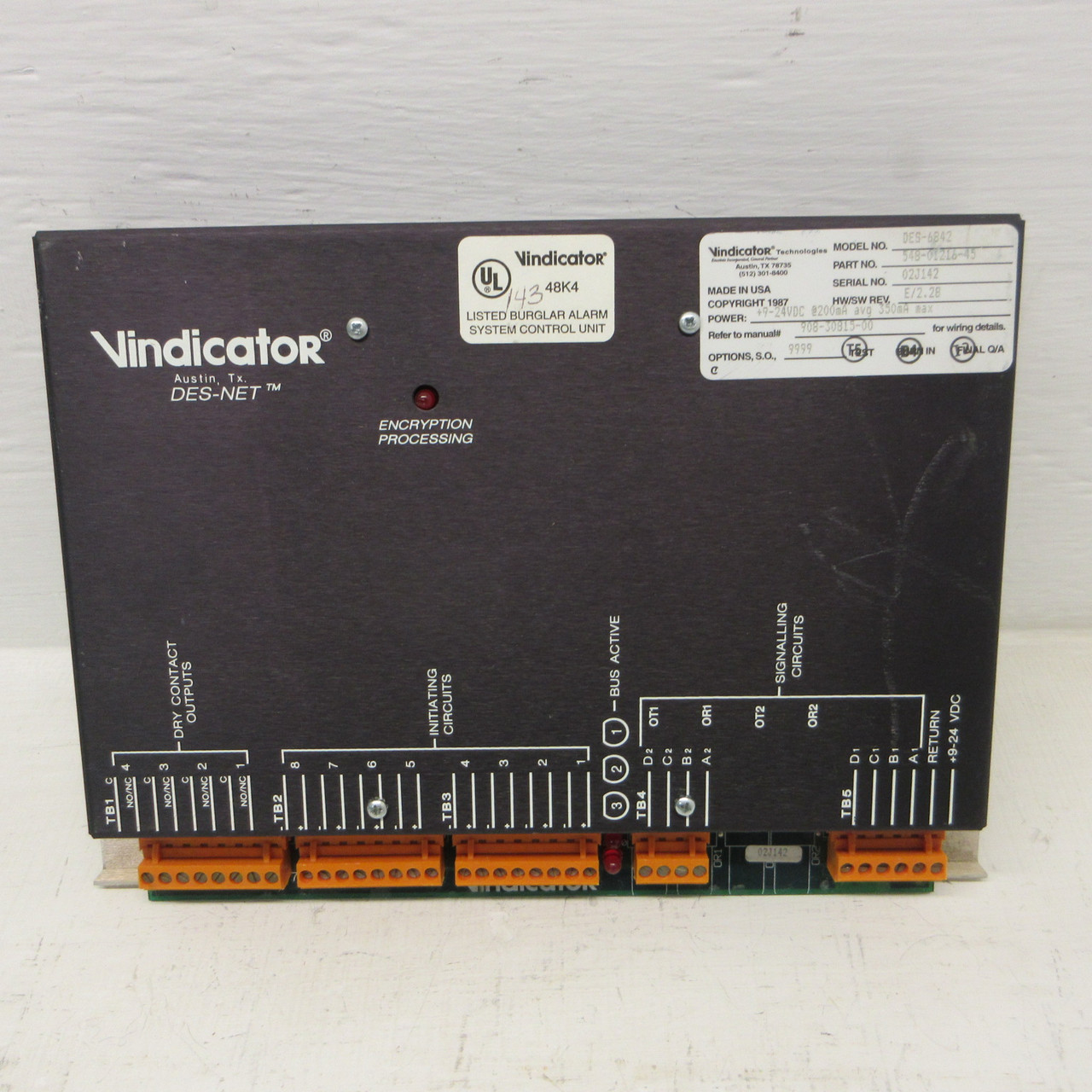 Vindicator DES-6842 DES-NET 548-01216-45 Rev E Encryption Processor Burglar Alarm (AH1622-3)