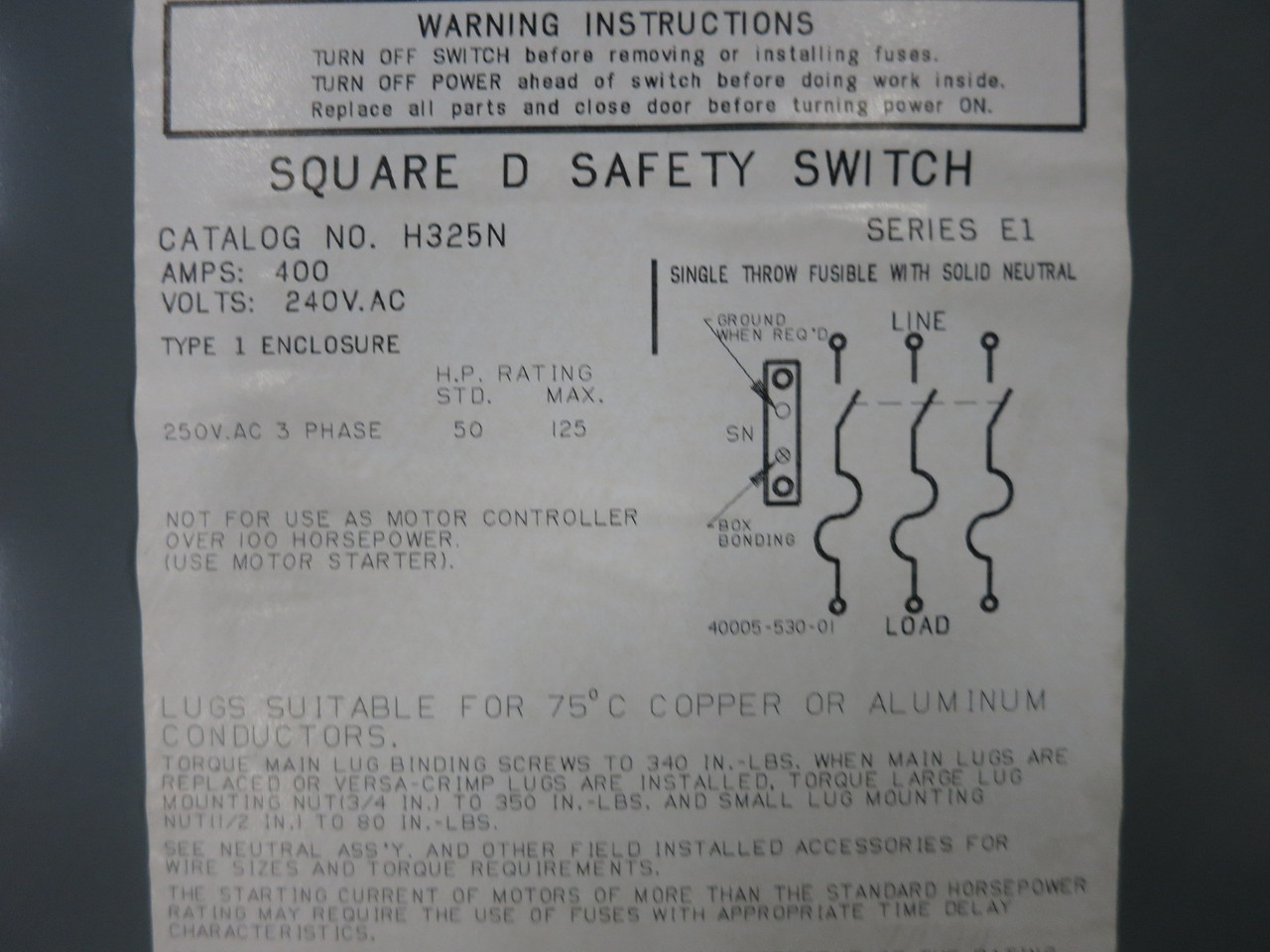 Square D H325N 400A 240V Fusible Safety Switch Disconnect 400 Amp H325-N E1 (DW8585-1)