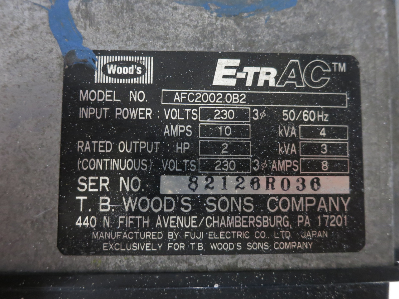 TB Wood's E-TrAC AFC2002-0B2 2 HP AC Inverter 230V VS Drive VFD ETrac 230 VAC (DW8598-2)