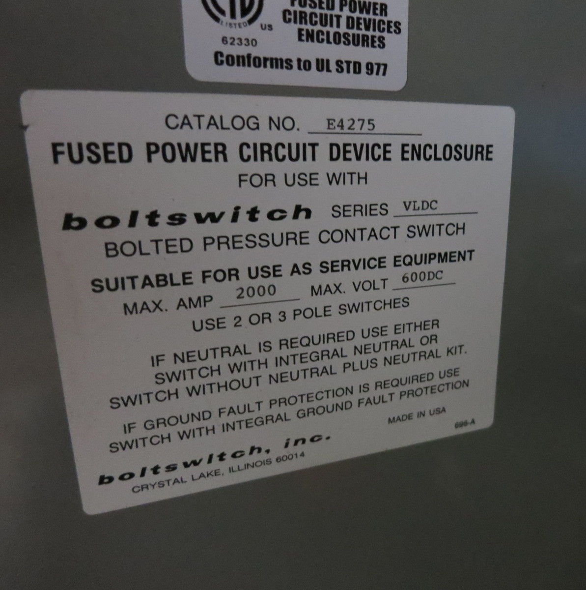 Boltswitch VLDC2610-ST 2000A 600V DC 2P Contact Switch Disconnect 2000 Amp VLDC (DW8606-1)