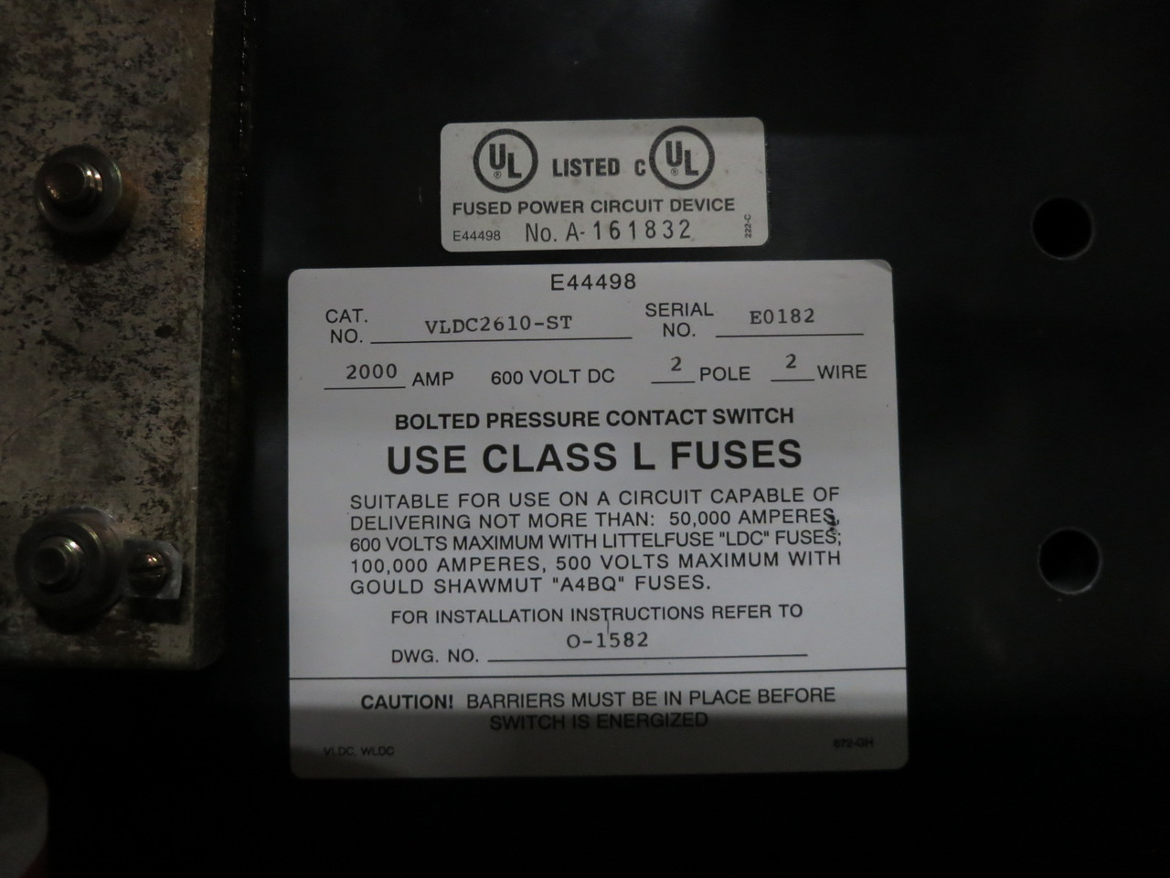 Boltswitch VLDC2610-ST 2000A 600V DC 2P Contact Switch Disconnect 2000 Amp VLDC (DW8606-1)