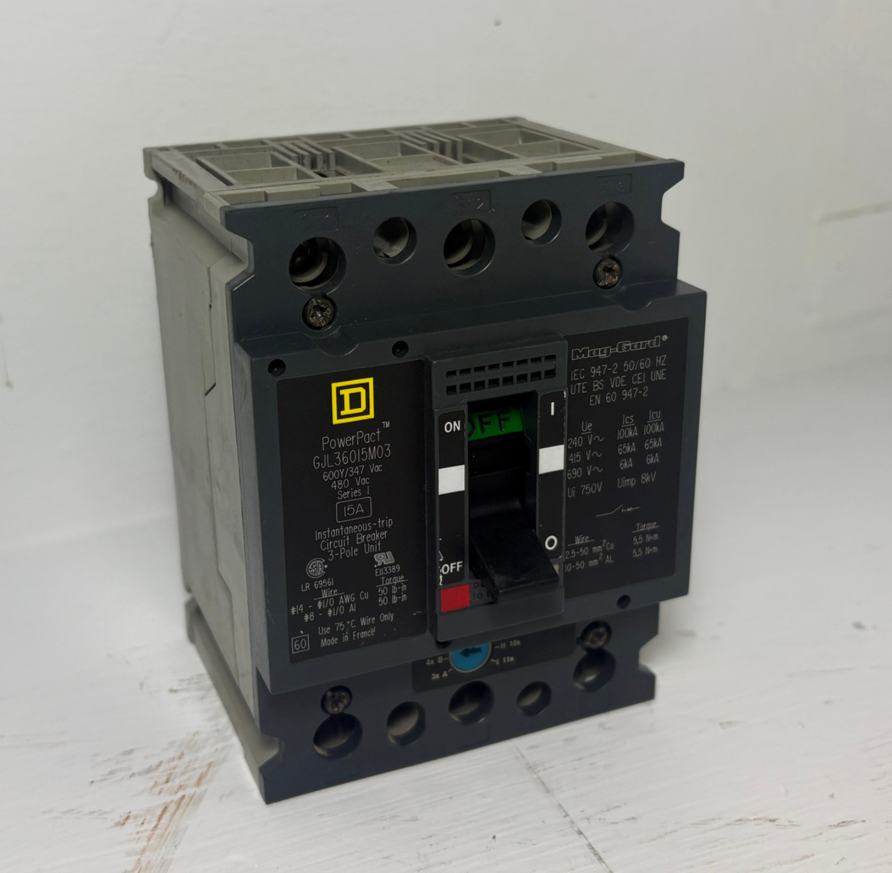Image of Square D GJL36015M03 15A Mag-Gard PowerPact Circuit Breaker 480V 3P 15 Amp