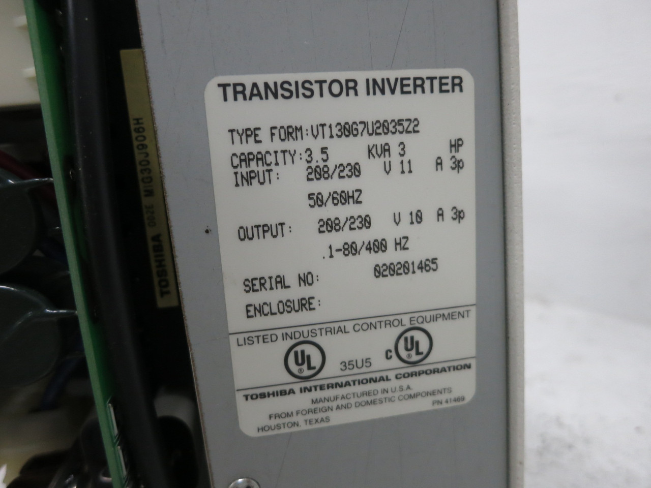 Toshiba VT130G7U2035 3 HP G7 Transistor Inverter AC VS Drive 208/230V No Cover (DW8612-1)