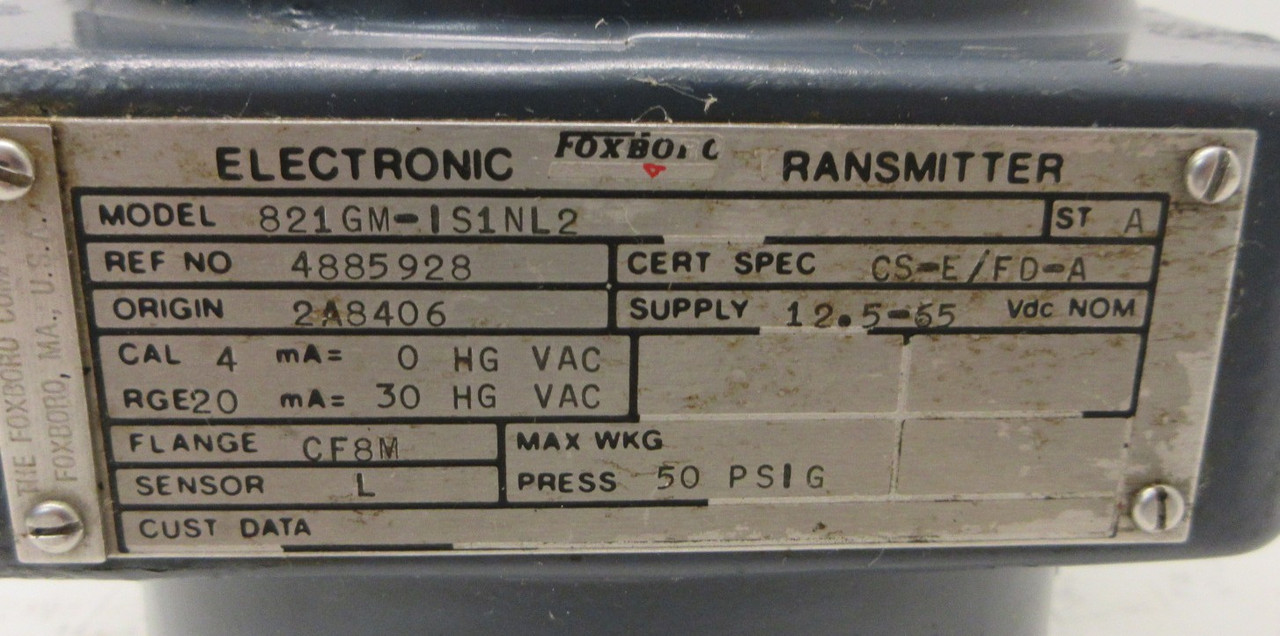 Foxboro 821GM-IS1NL2 Transmitter 50 PSIG + D0135GW Transducer + USG 33020 Gauge (AH1633-1)