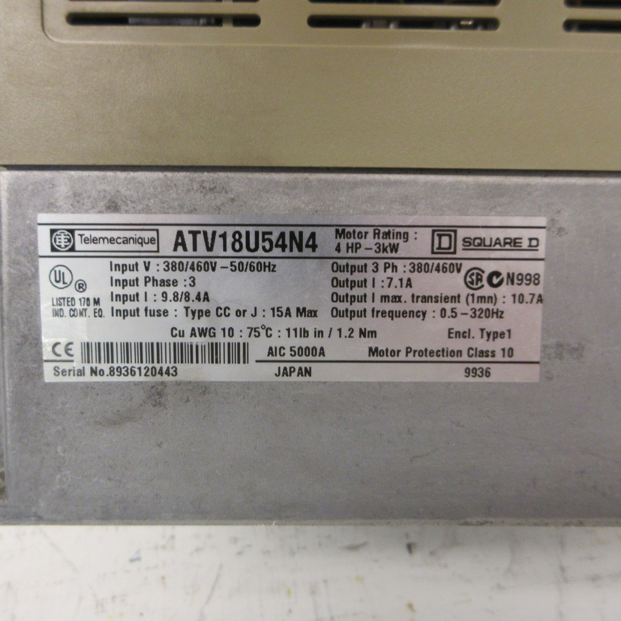 Square D Telemecanique Altivar 18 ATV18U54N4 AC Drive 4 HP 3 kW 460V  7.1A 3PH (AH1636-1)