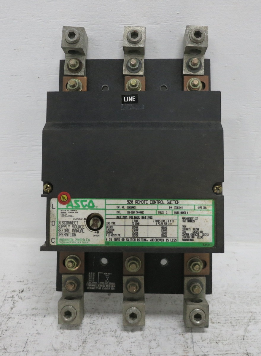 Asco 920320031 200A 920 Remote Control Switch 120V Coil 200 Amp 480/600V RC (DW8628-1)