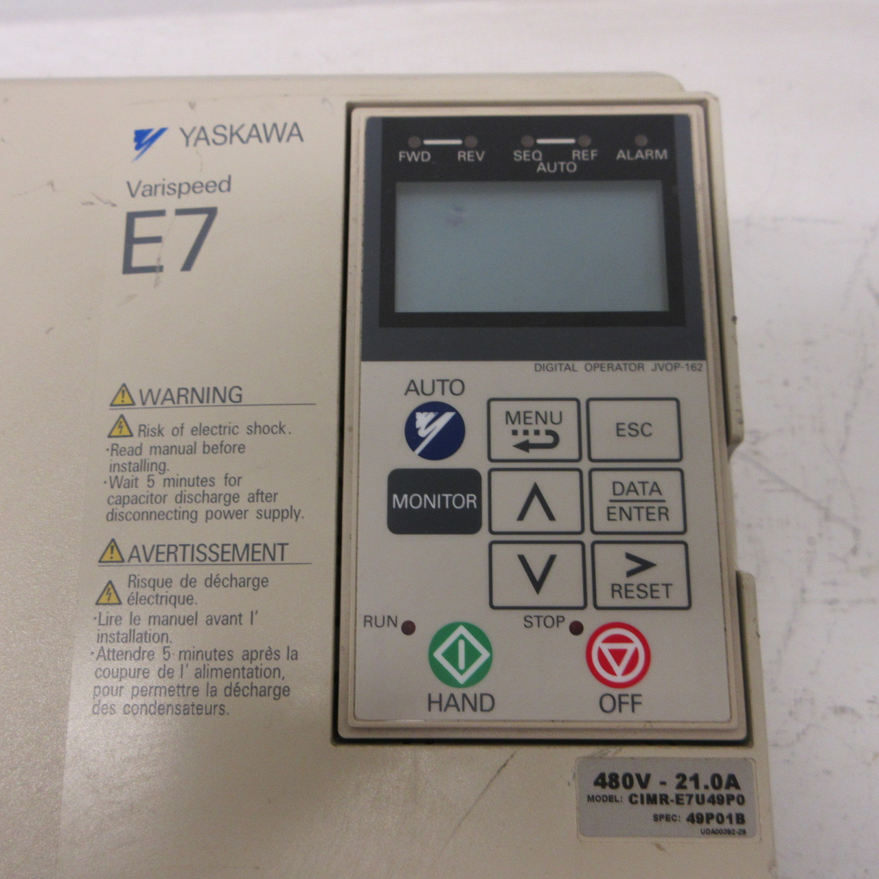 Yaskawa Varispeed E7 CIMR-E7U49P0 15 HP 480V 21A AC VS Drive CIMRE7U49P0 (flaw) (AH1660-1)