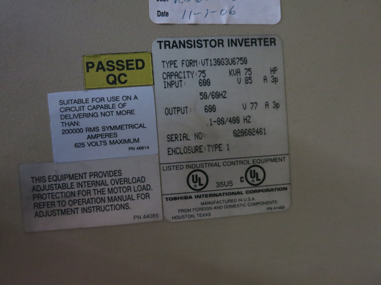 Toshiba VT130G36750 75 HP G3 Tosvert-130 Transistor Inverter AC VS Drive 600V (DW8642-1)