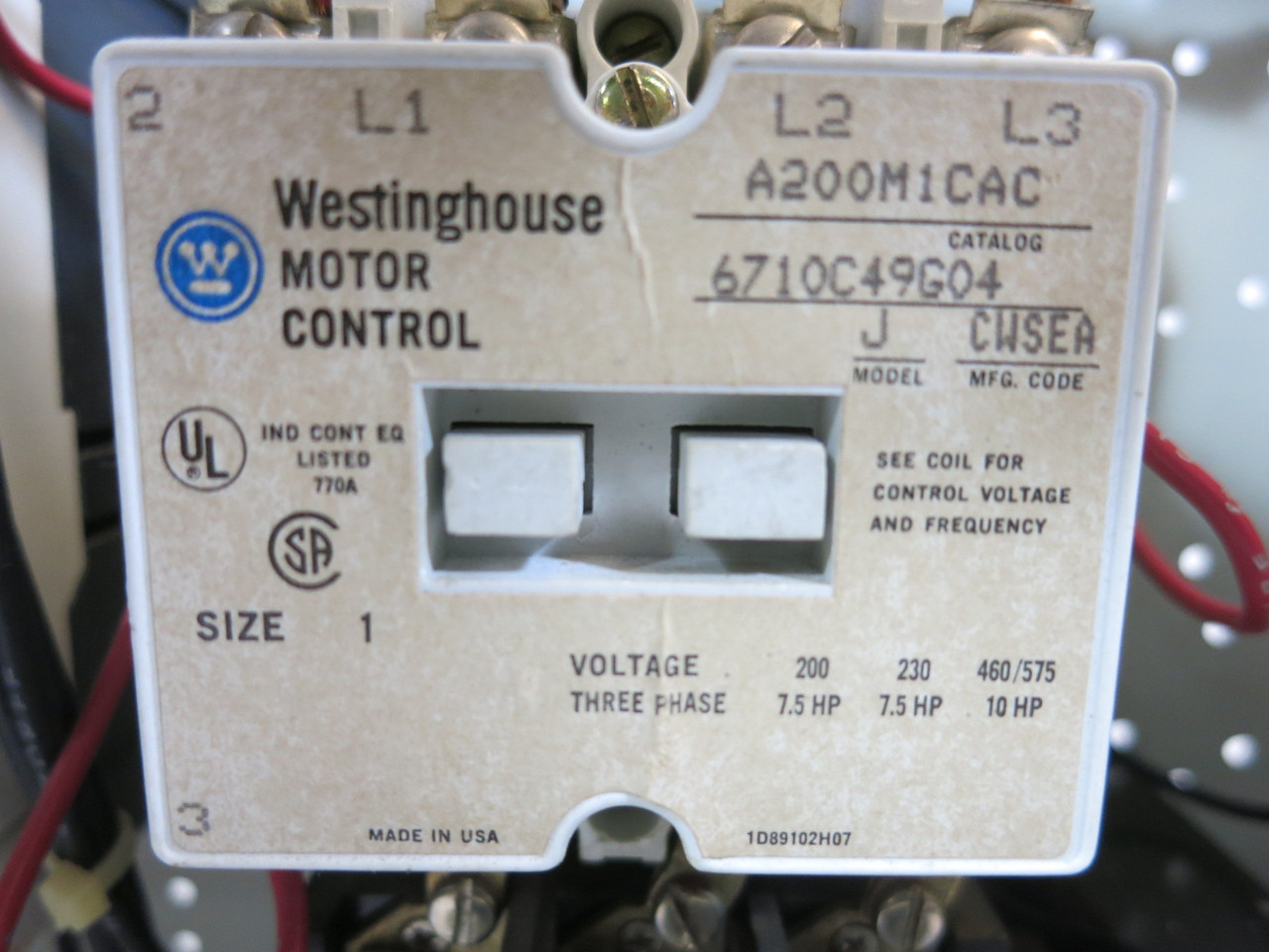 Cutler Hammer Westinghouse 2100 Size 1 Starter 7 Amp Breaker 12" MCC Bucket 7A (BJ1170-1)