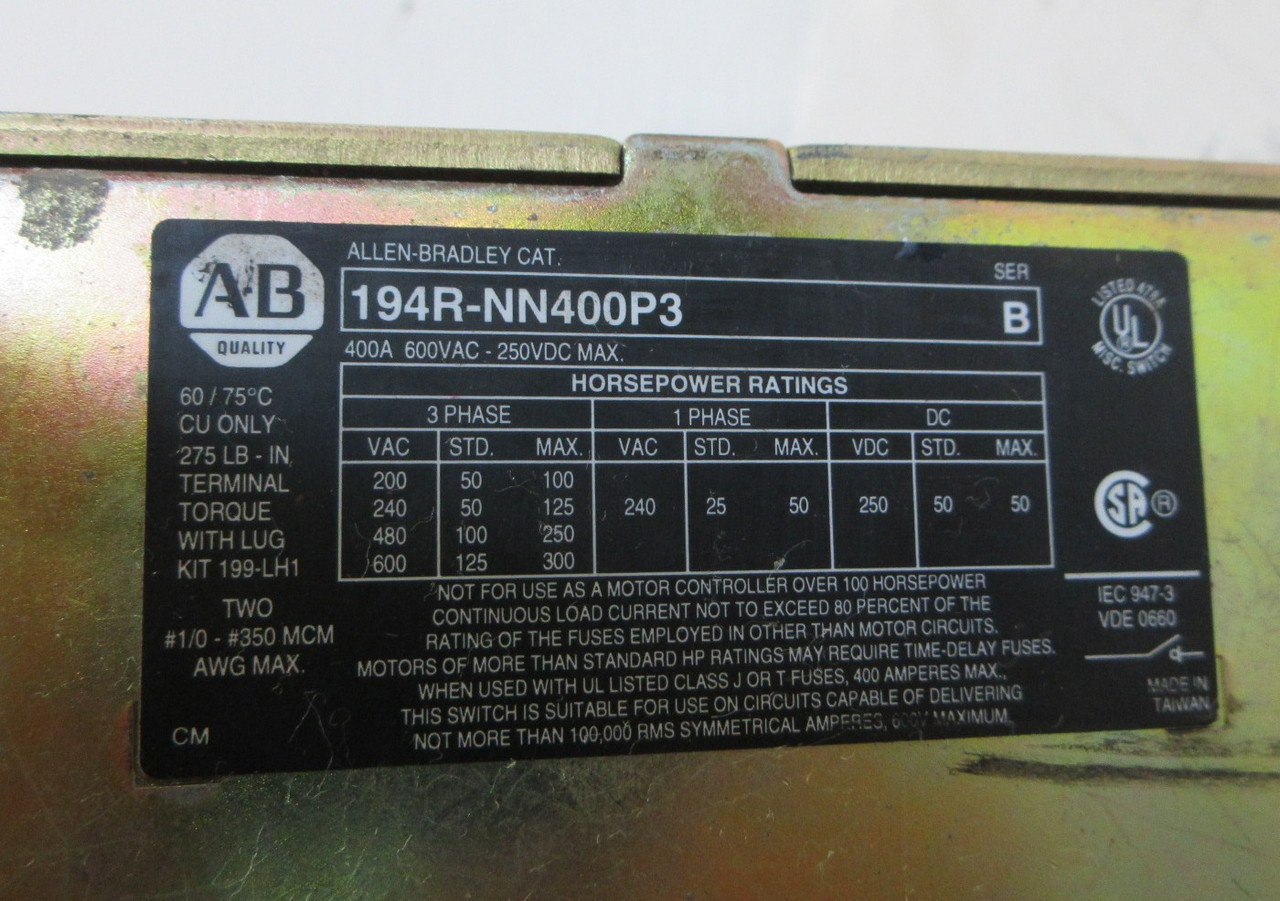 Allen Bradley 194R-NN400P3 Ser B 400A 600V Disconnect Switch 400 Amp 3PH 300HP (AH1690-1)