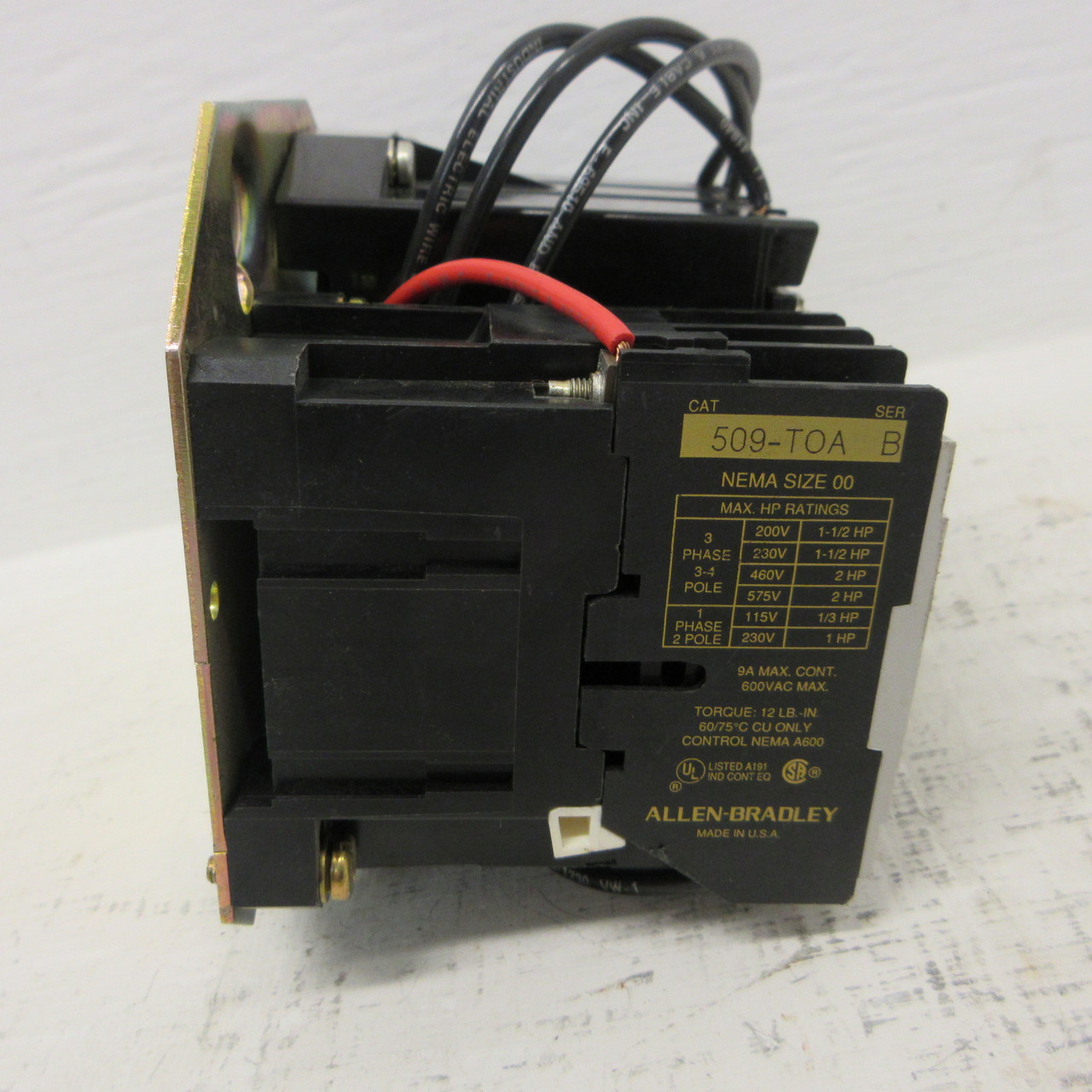 Allen Bradley 509-TOA Ser B Size 00 Motor Starter 120V Coil 9A 600VAC w/ Heaters (AH1696-1)