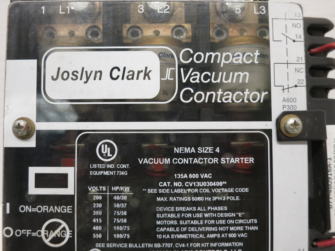 Joslyn Clark CV13U03040676 Size 4 Compact Vacuum Contactor 120V Coil CV13U030406 (DW8656-1)