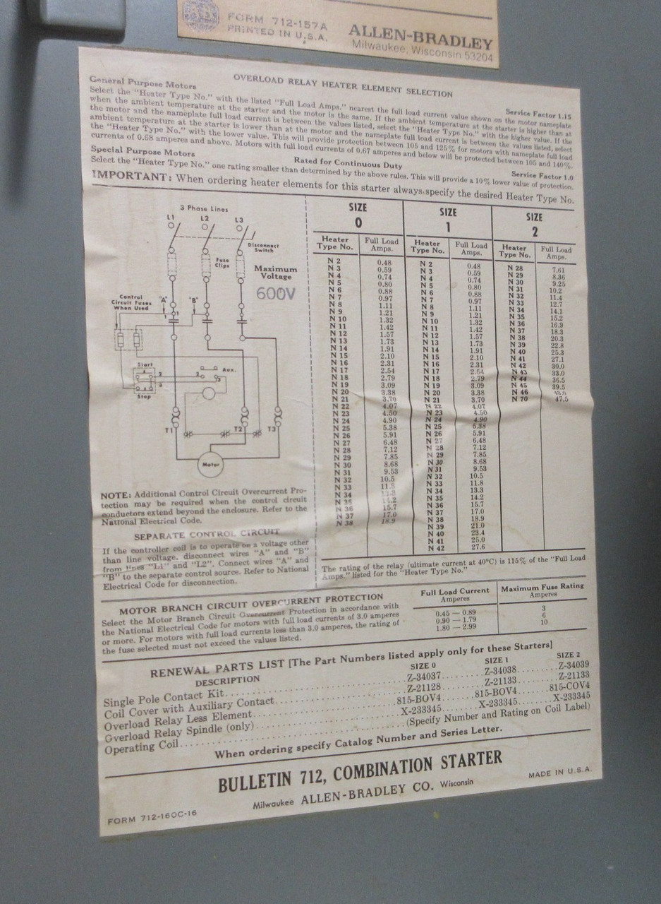 Allen Bradley 712-BACD24 Size 1 Starter 30 Amp 600V Fused Combination Combo Box (AH1734-1)