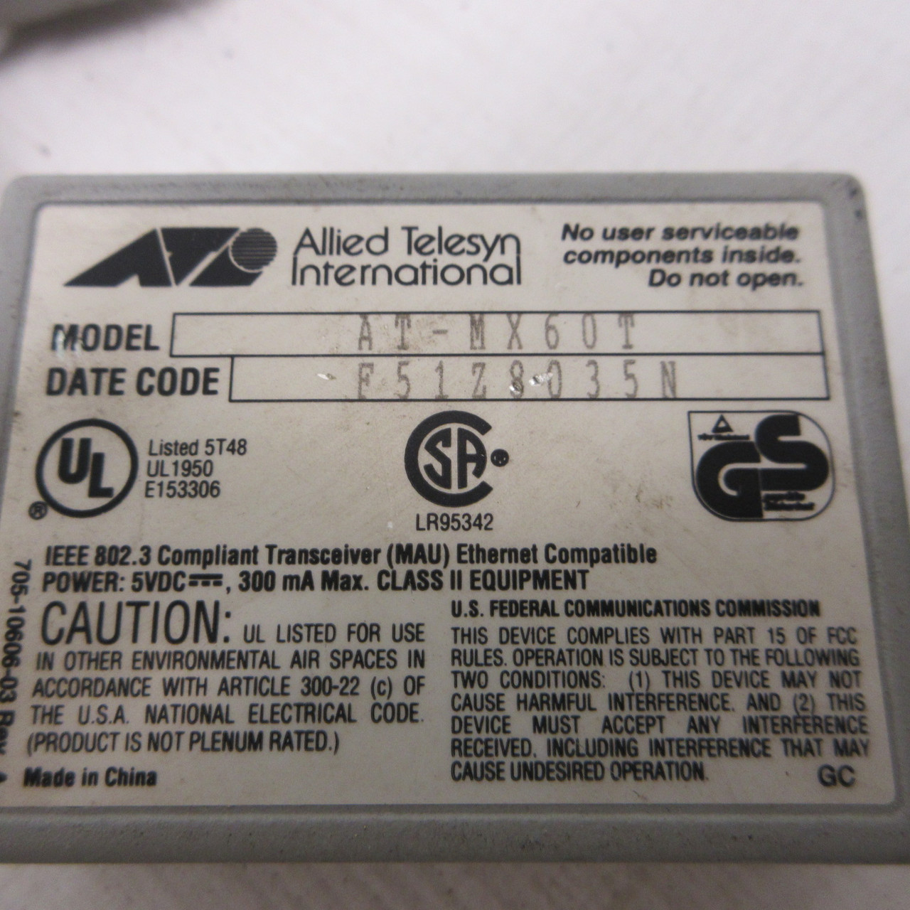 Allied Telesyn AT-MX60T CentreCOM MX60T AAUI Twisted Pair Transceiver IEEE 802.3 (AH1742-1)