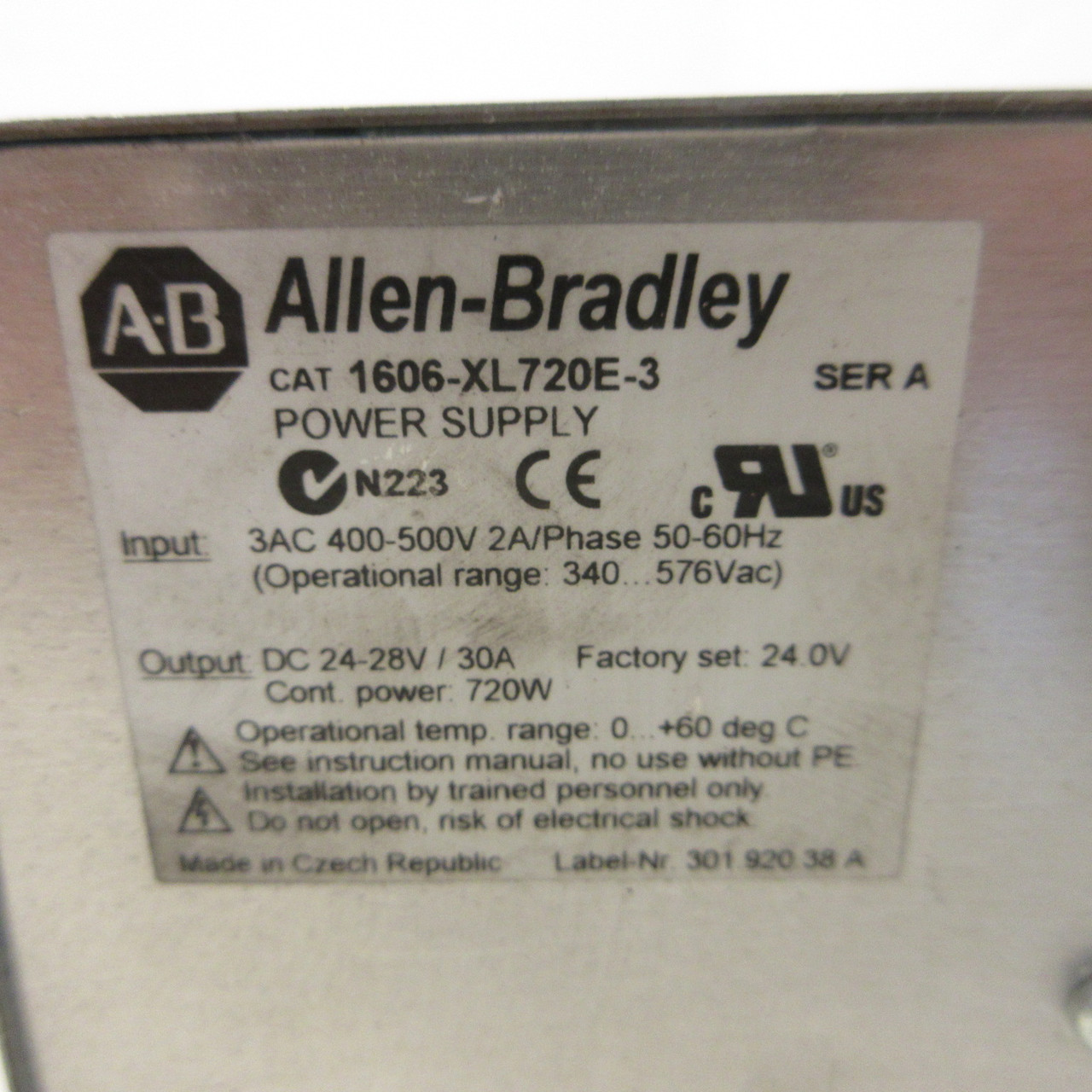 Allen Bradley 1606-XL720E-3 Power Supply 720W IN: 3AC 400-500V OUT: 24-28VDC 30A (AH1741-1)