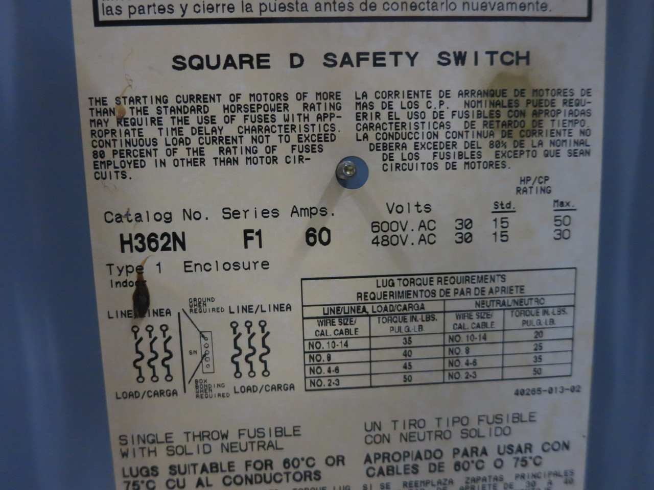 Square D H362N 60A 600V Fusible Safety Switch Disconnect 60 Amp H362-N Ser F1 (DW8713-1)