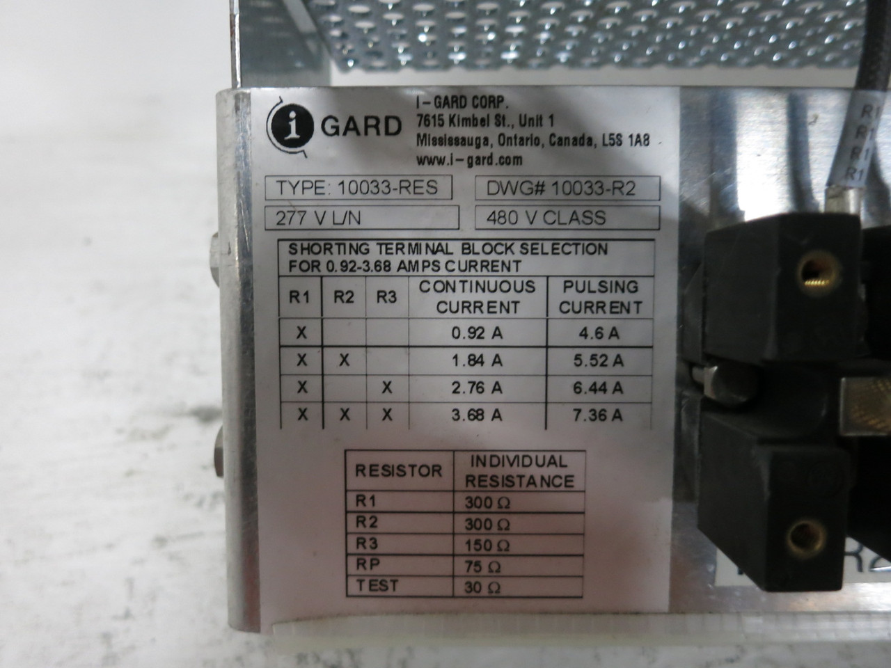 i-GARD 10033-RES Neutral Grounding Resistor 3.68A 277V L/N 480V Class 10033-R3 (DW8710-1)
