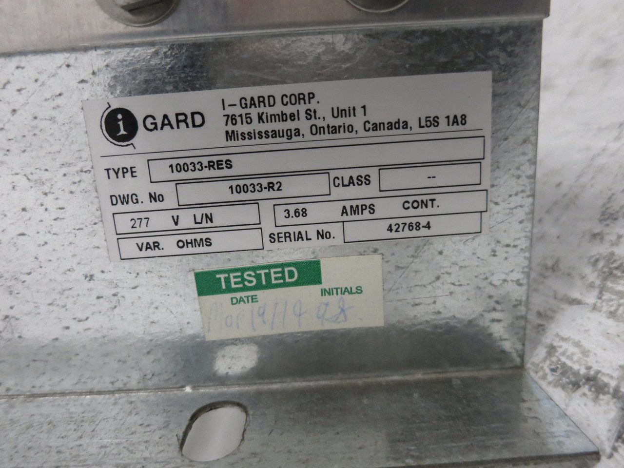 i-GARD 10033-RES Neutral Grounding Resistor 3.68A 277V L/N 480V Class 10033-R3 (DW8710-1)